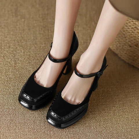 Sonicelife-Elegant France High Heels Pumps Women 2023 Summer Square Toe Platform Mary Jeans Shoes Woman Thick Heeled Party Shoes Ladies