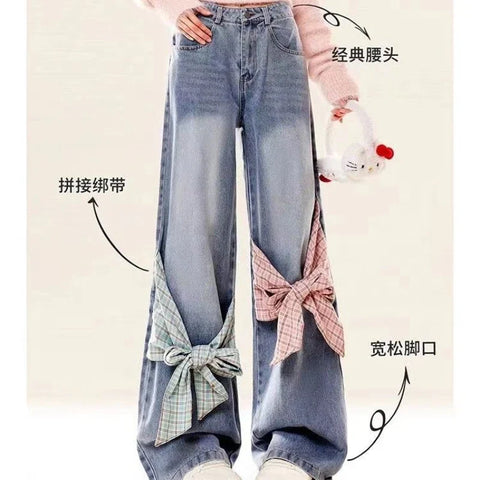 Sonicelife New American retro gothic checkered patchwork women jeans with bow tie and loose bandwidth Y2k streetwear wide leg pants