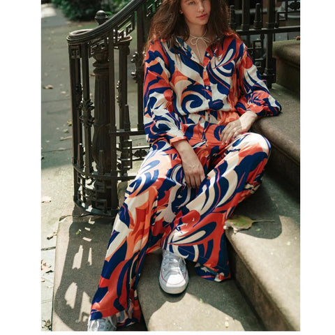 Sonicelife Printing Wide Leg Pants Women Pant Sets Casual Matching Sets Button Loose Ankle Length Tracksuit Single Breasted Blouses