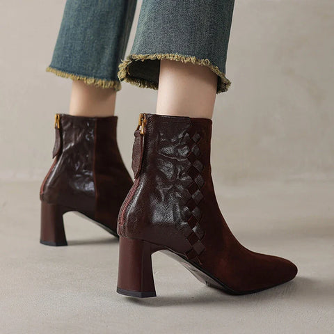 Sonicelife NEW Autumn Women Boots Sheep Suede Leather Shoes for Women Square Toe Chunky Heel Shoes Zipper Modern Boots Weave Handmade Shoes