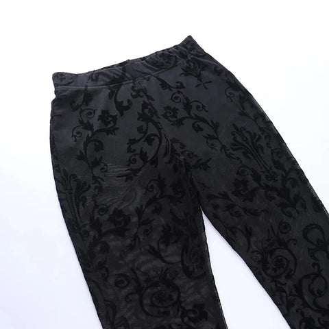 Sonicelife Women's Elegant Design Trousers 2024 Skinny Sheer Cross Totem Flocked Mesh Flared Pants