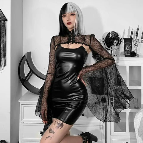 Sonicelife Women's Gothic Style Short Dress New Spider Web Lace Shirt Two Piece Diablo Style Temperament Spice Girl Halter Dress Women