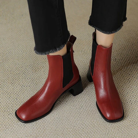 Sonicelife NEW Autumn Women Boots Split Leather Shoes for Women Square Toe Chunky Heel Shoes Red Slip-on Short Boots zapatos para mujeres