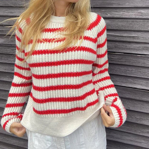 Sonicelife 90s Vintage Fashion Loose Fit Sweater Y2K Streetwear Autumn Striped Knitted Pullovers Women Casual Long Sleeve O Neck Jumers