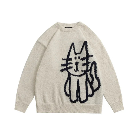 Back To School Sonicelife 2024 Fall Fashion  Sweater Cute Cat Graphic Vintage Knitwear Y2K Sweaters Winter Harajuku Oversized Pullover Sweater Aesthetic Unisex Clothes Teens