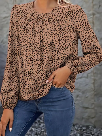 Sonicelife Personalized leopard print long-sleeved chiffon shirt autumn new loose hollow pullover for women