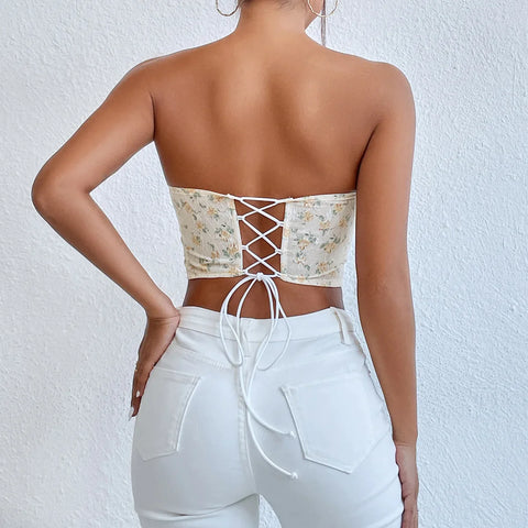 Sonicelife-Women Y2K Vintage Retro Tube Top Strapless Backless Tie-up Irregular Hem Flower Print Vest Summer Corset Waist Shaper