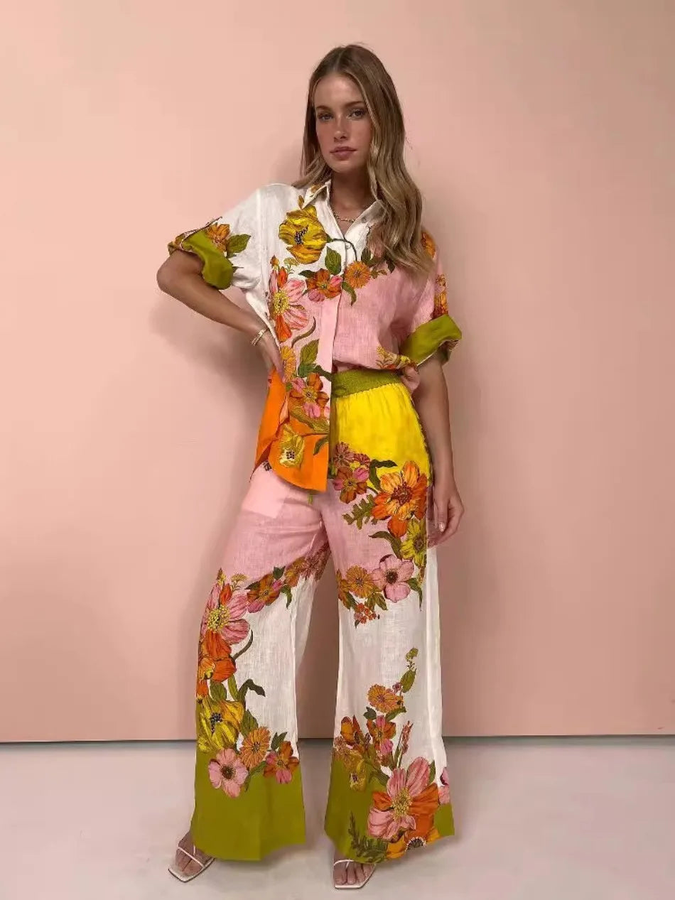Sonicelife Floral Print 2 Pcs Shirt and High Waist Trousers Set