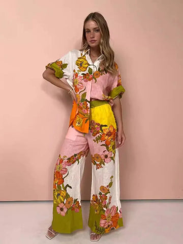 Sonicelife Floral Print 2 Pcs Shirt and High Waist Trousers Set