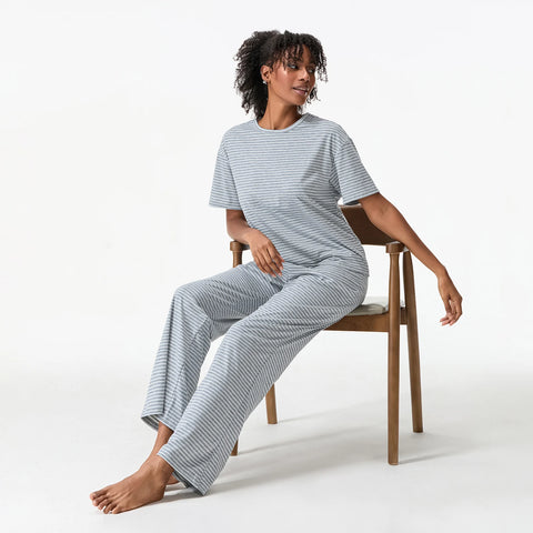 Sonicelife Women's Summer 2Pieces Pajama Sets Casual Stripe Short Sleeve Tops with Elastic Waist Loose Long Pants Loungewear Outfits