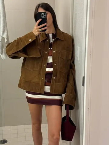 Sonicelife Fashion Single Breasted Women's Suede Jacket Vintage Solid Lapel Full Sleeve Pockets Short Coats Autumn Ladies Street Outerwear