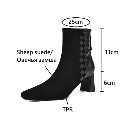 Sonicelife NEW Autumn Women Boots Sheep Suede Leather Shoes for Women Square Toe Chunky Heel Shoes Zipper Modern Boots Weave Handmade Shoes