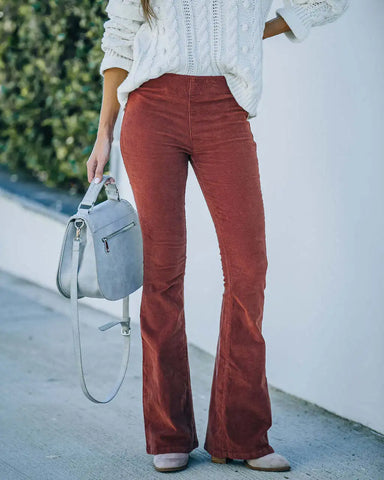 Sonicelife Spring and summer solid color high-waist slim micro-flare pants corduroy elastic waist casual pants for women