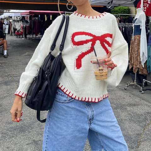 Sonicelife Preppy Cute Y2K Aesthetic Grunge Knitwear Bowknot Patterm Loose Fit Knitted Sweater Autumn Winter O Neck Long Sleeve Pullovers