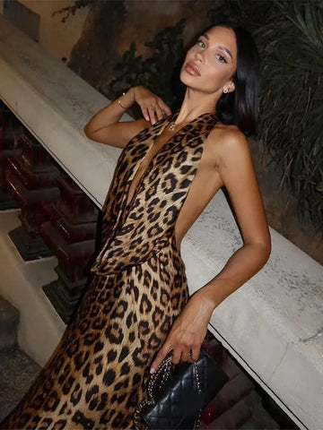 Back To School Sonicelife Women Elegant Leopard Print Lace-up Halter Dress Sexy Backless Deep V-neck Slim Long Dresses 2024 New Lady High Street Partywear