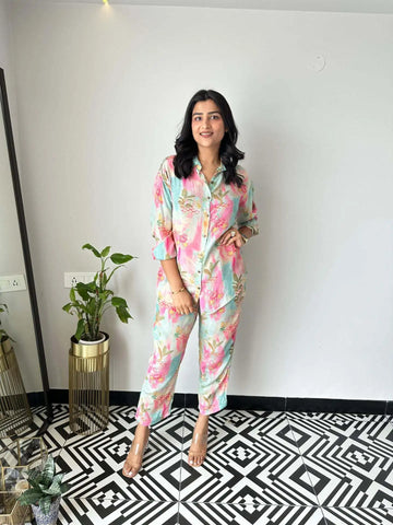 Sonicelife Long Sleeve Single Breasted Blouses Women Pant Sets Straight Pants Pockets Ankle Length Casual Print Loose Button Tracksuit
