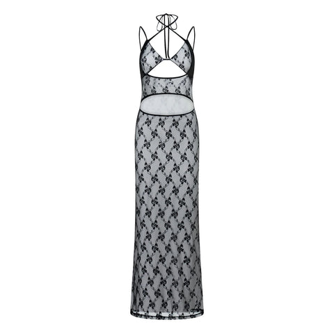 Sonicelife- Women's Sexy Lace Sleeveless Spaghetti Strap Front Hole Cutout Bodycon Backless Elegant Party Maxi Long Dress