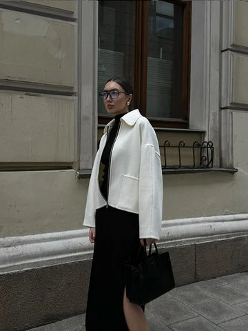 Sonicelife Elegant Pocket Zipper Short Woolen Coat For Women Fashion Lapel Long Sleeves White Coats Autumn Ladies New Commute Outerwear