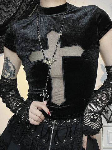 Sonicelife Women's Gothic Design Tops Summer New Mesh Splicing See-Through Cross Tank Top