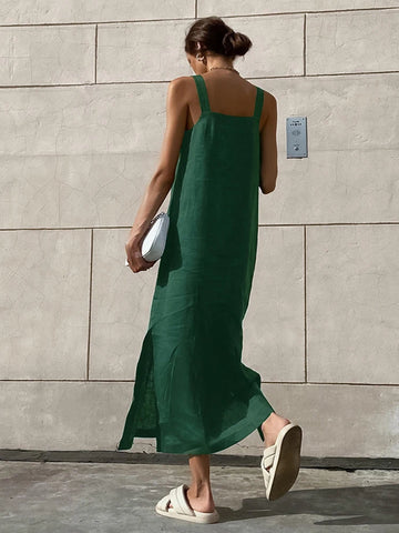 Sonicelife hoco dresses 2024 Summer Autumn Women Casual Solid Green Side Slit Spaghetti A-line Midi Dress For Women