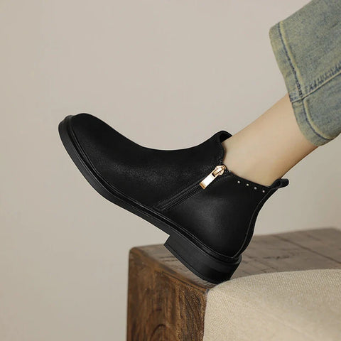 Sonicelife NEW Autumn Women Boots Round Toe Chunky Heel Boots Women Winter Genuine Leather Shoes for Women Chelsea Boots Black Ankle Boots