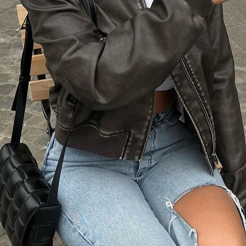 Sonicelife Women Washed Leather Loose Jacket Vintage Stand Collar Gradient Zipper Short Coat Spring Lady Locomotive Style Chic Coat