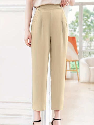 Sonicelife Summer new elastic waist leisure solid color cigarette tube elastic summer dress foot nine points pants for women