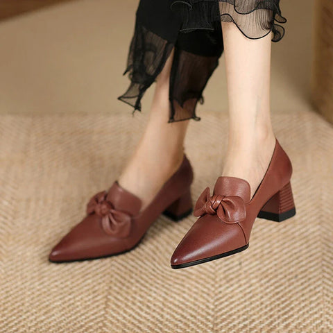 Sonicelife NEW Spring/Autumn Women Pumps Genuine Leather Shoes for Women Pointed Toe Chunky Heel Shoes Concise Butterfly-knot Modern Shoes