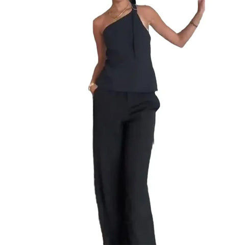 Sonicelife Pant Sets Women Two Piece Set One Shoulder Tops Backless Straight Pants Solid Splice Loose Casual Sleeveless Tops Summer 2024