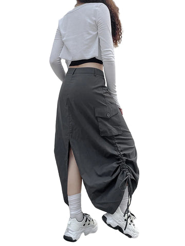 Sonicelife Retro Women Long Cargo Pocket Baggy Skirts Side Drawstring Low Rise Solid Pockets Hip Hop Straight Skirts Y2k Streetwear