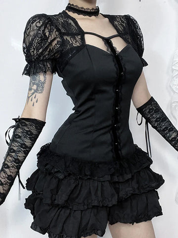 Sonicelife Women's Summer Gothic Top 2024 New Blood Together To Diablo Style Lace Splicing Design Bubble Sleeve Top