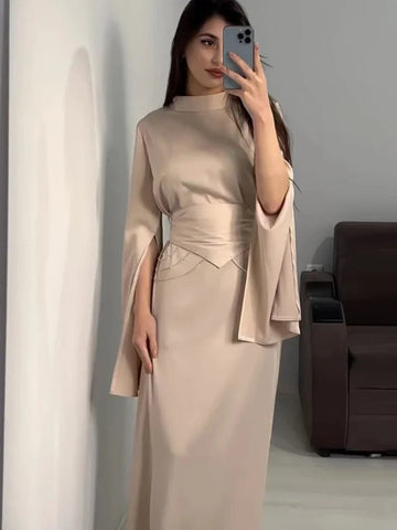 Sonicelife Eid women Party Dress Satin Abaya for woman Slim Fit Split Sleeve Jalabiya Ramadan Long Dresses Woman Robe Vestidos Largos 2024