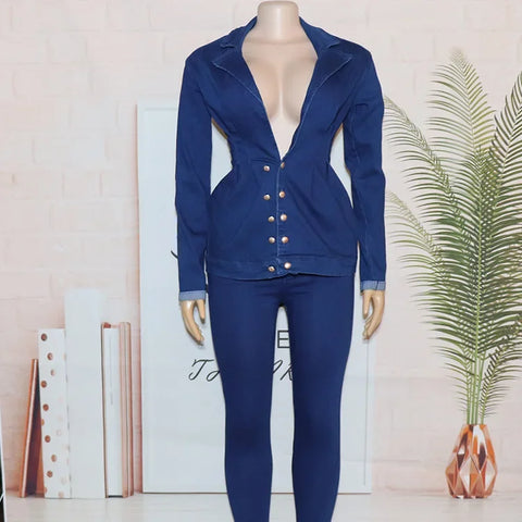 Sonicelife Casual Denim Jeans 2 Piece Set Suit Women Denim Two Pieces Set V-Neck Long Sleeve Jeans Top&Long Pants Slim Tracksuit Outfits