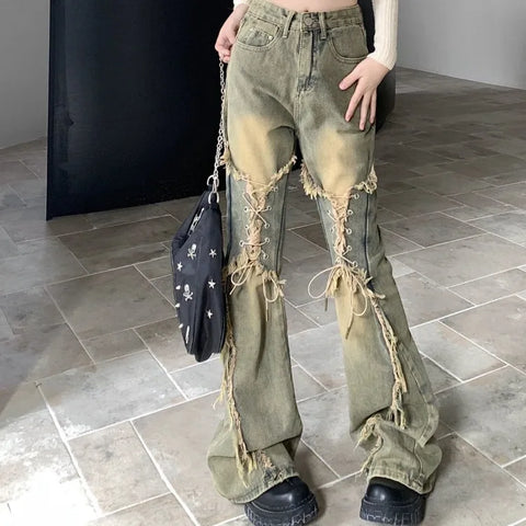 Sonicelife Oversize American Retro Straight Casual Pants Y2k Grunge High Waist Loose Wide Leg  2024 New Bell Bottom Jeans Women