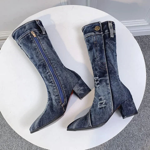 Sonicelife Sexy Jean Boots Women's Mid Calf Boot Zipper High Heel Woman Stylish Jeans Boots Ladies Denim Boot Female Shoes Cowboy 2024