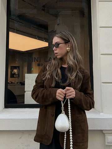 Back To School Sonicelife Fashion Brown Lapel With Pocket Jacket Woman Casual Single Breasted Long Sleeve Coat 2024 Lady Autumn Warm High Street Outwear