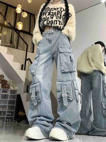 Sonicelife American Style Street Pocket Denim Cargo Pants Y2k E-Girl High Waist Jeans for Women 2024 Summer New Loose Wide Leg