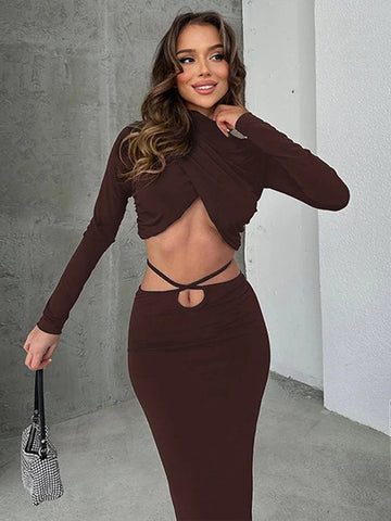 Black Friday Sonicelife Fall New Skirts Suit Solid Color Long Sleeve Crop Top Twist Ruched Slim Lace Up Sexy Navel Exposed Skirt Matching Sets