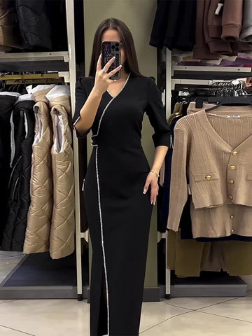 Sonicelife Dress Women Black Party Long Dresses Diamond V Neck Full Sleeve Split Elegant Splice Hot Drilling Vestidos Night 2024 Spring