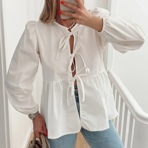 Sonicelife Women's Kawaii Elegant Flare Shirt Puff Long Sleeve Front Bow Knot Tie-up Loose Blouse Fall Tops for Casual Daily