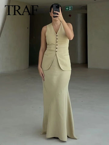 Sonicelife Women 2024 Fashion Summer Vest Skirt Sets Khaki V-Neck Sleeveless Pockets Waistcoats+High Waist Asymmetrical Skirt Suits