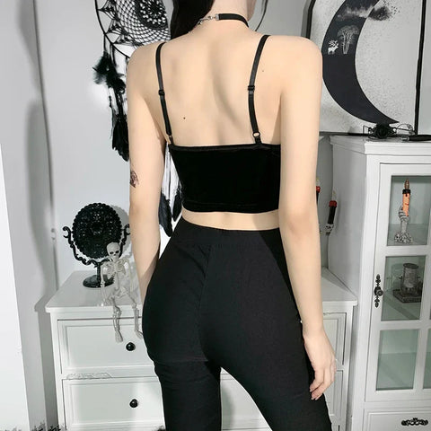 Sonicelife Women's Gothic Short Vest Dark Korean Velvet Small Camisole New Beauty Back Summer Lace Lace Wrap Vest Female Bustier Tops