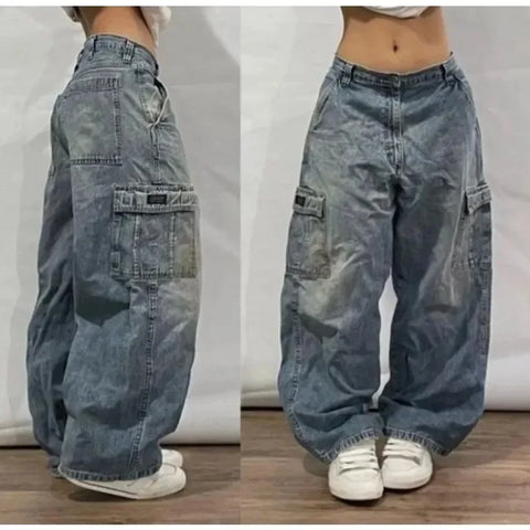 Sonicelife Streetwear New Harajuku Retro Straight High Waist Casual Jeans Y2K Fashion Washed Blue Pocket Baggy Jeans Gothic Wide Pants