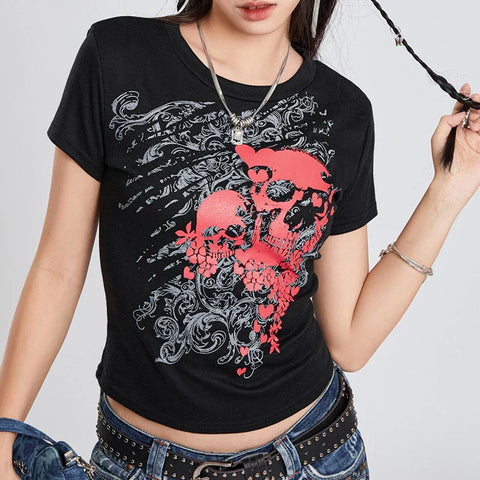 Sonicelife Japanese Cyber 90s Vintage Crop Top Y2K Grunge Emo Women T-shirt Gothic Skulls Graphic Short Sleeve Tees Harajuku Clothes