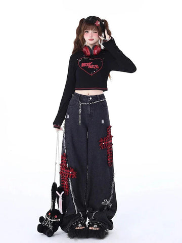 Sonicelife Punk Cross Wide Leg Jeans Women Streetwear Vintage Loose Hole High Waist Black Denim Pants Y2k Fashion Straight Bottoms