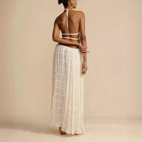 Sonicelife Two Piece Sets Women Skirt Outfits Top Sleeveless Backless Lace Up Solid Color Sexy Long Skirts Suit 2024 Elegant Ensemble
