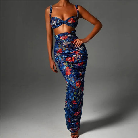 Sonicelife Floral Spaghetti Straps Bra Top and Skirt Set