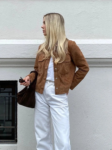 Sonicelife Casual Solid Color Suede Women's Short Jacket Single Breasted Slim Fit Long Sleeved Vintage Coats Chic Lady Fall Street Outwear