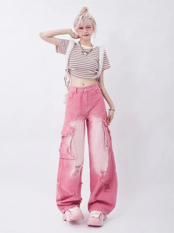 Sonicelife Y2k Baggy Cargo Jeans Women Hip Hop Fashion Wide Leg Low Waist Hole Denim Pants Streetwear Causal Korean Ripped Trousers