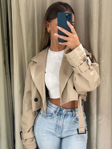 Sonicelife Fashion Belt Cropped Trench Spring Jacket Women Vintage Streetwear Double Breasted Long Sleeve Top Female Coat Outfits